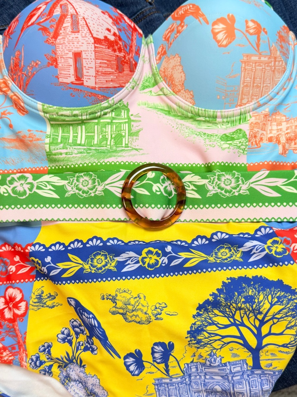Endless Moon Colorful Toile One Piece Swimsuit S Underwire Padded Belted New - Picture 3 of 13